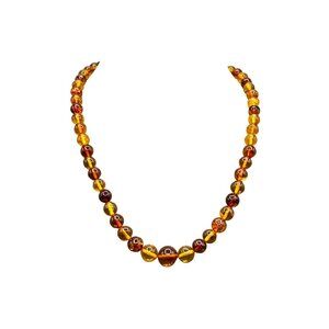 Beaded Genuine Amber Necklace Graduated Single Strand with Hidden Barrel Clasp